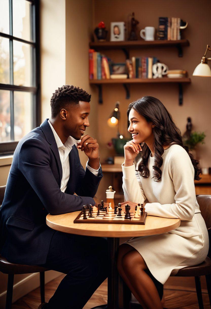 A heartwarming scene depicting a diverse couple engaged in a meaningful conversation over coffee, surrounded by symbols of love and strategy like chess pieces and heart icons. Soft, warm lighting creates an inviting atmosphere, with a cozy café background filled with books about relationships. Elements of connection, communication, and strategy are highlighted through playful imagery. super-realistic. vibrant colors. soft focus.